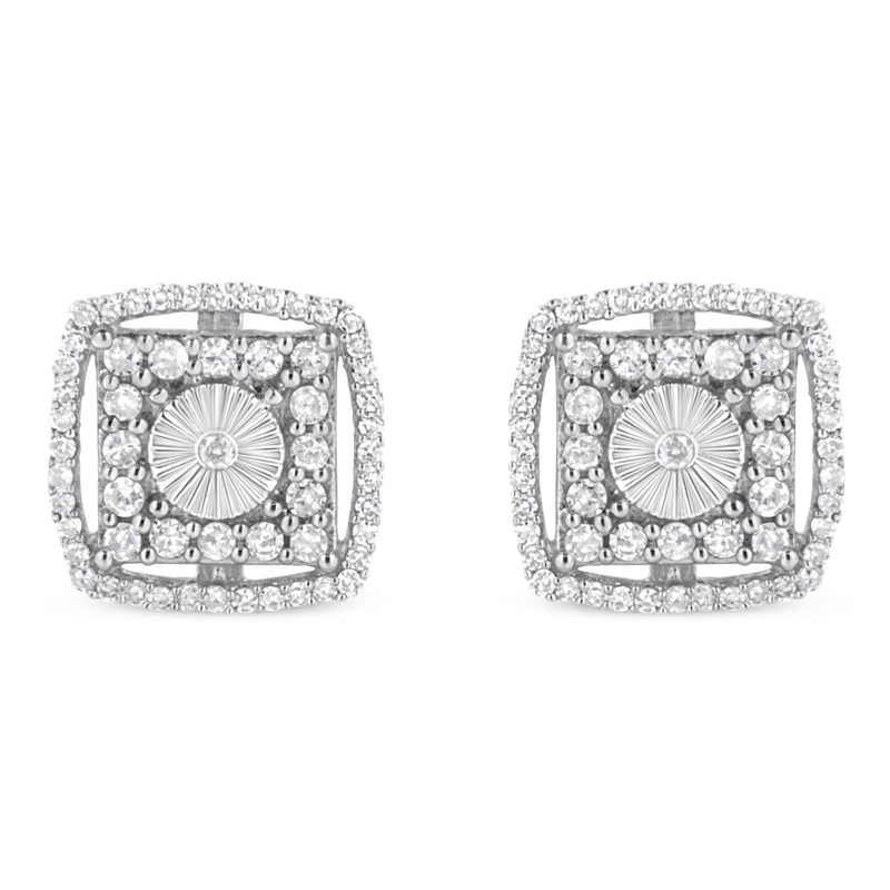 Bids.com .925 Sterling Silver 1.0 Cttw Round Diamond Double Halo and Disc Stud Earring (I-J Color, I2-I3 Clarity) Earrings