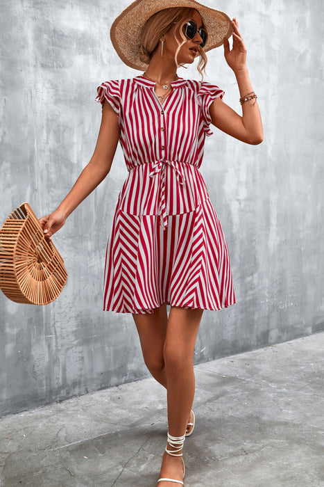 Ruffled Striped Cap Sleeve Mini Dress in Deep Red