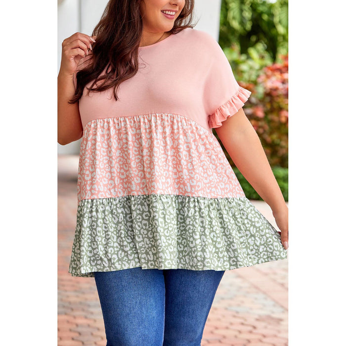 Ruffled Short Sleeve Leopard Splicing Flowy Plus Size Top