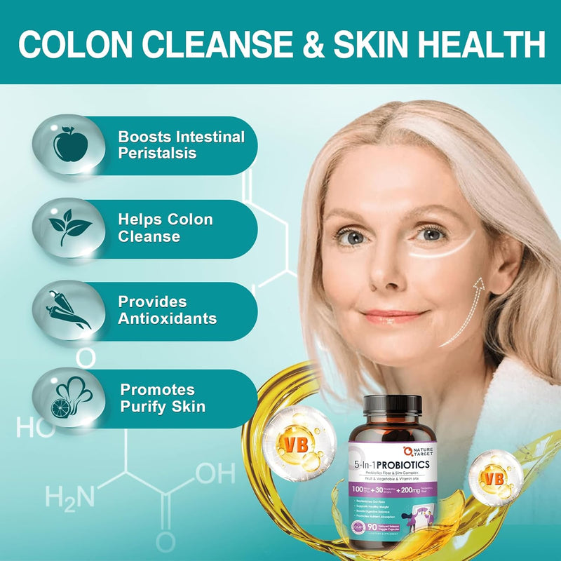 Nature Target 5-in-1 Digestive Health Probiotics, 100 Billion CFUs, 200mg, 90 Veggie Capsules Probiotic