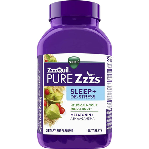 Vicks ZzzQuil PURE Zzzs De-Stress Melatonin Sleep Aid Tablets 48 Count Vitamins & Supplements