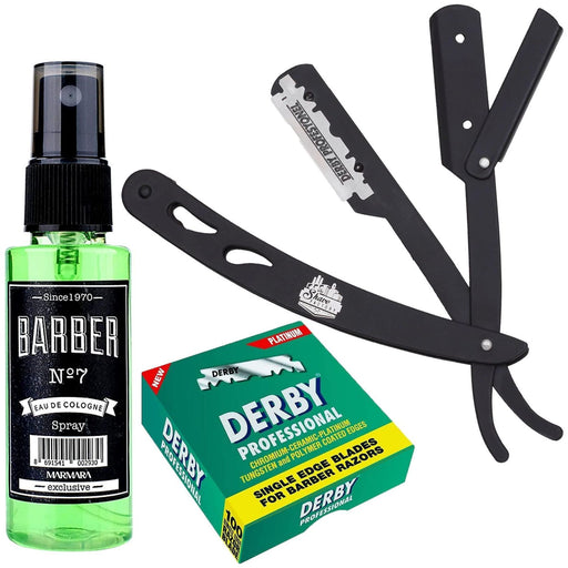 Barbersets - The Shave Factory Straight Edge Razor Kit (Black/Barber No7 Cologne 50Ml / 100 Derby Professional Single Edge Razor Blades)