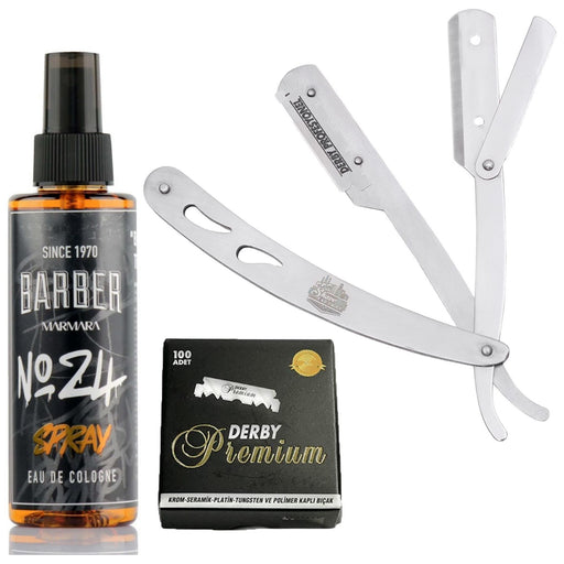 Barbersets - The Shave Factory Straight Edge Razor Kit (Steel Razor/Barber No24 50Ml Cologne / 100 Derby Premium Single Edge Razor Blades)