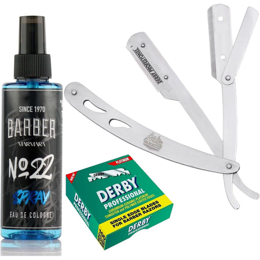 Barbersets - The Shave Factory Straight Edge Razor Kit (Steel Razor/Barber No22 50Ml Cologne / 100 Derby Professional Single Edge Razor Blades)