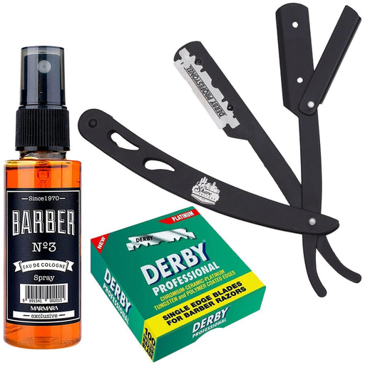 Barbersets - The Shave Factory Straight Edge Razor Kit (Black/Barber No3 Cologne 50Ml / 100 Derby Professional Single Edge Razor Blades)