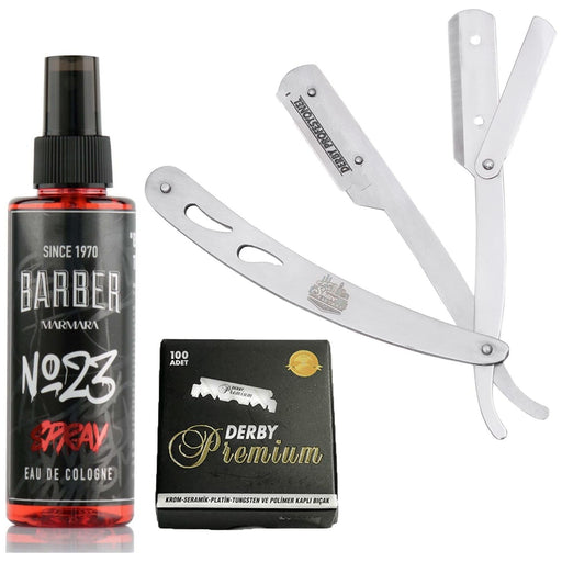 Barbersets - The Shave Factory Straight Edge Razor Kit (Steel Razor/Barber No23 50Ml Cologne / 100 Derby Premium Single Edge Razor Blades)
