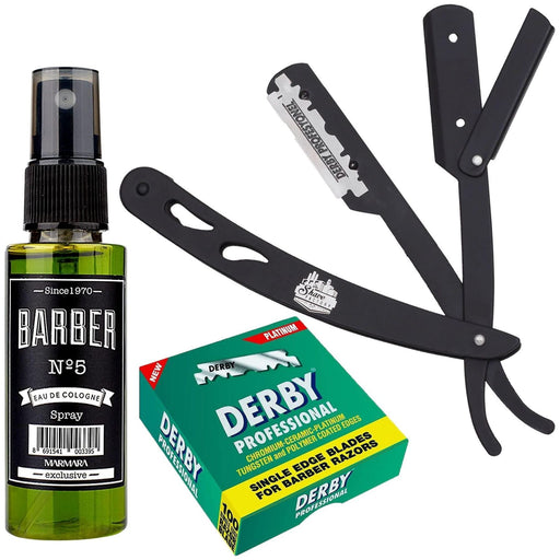 Barbersets - The Shave Factory Straight Edge Razor Kit (Black/Barber No5 Cologne 50Ml / 100 Derby Professional Single Edge Razor Blades)