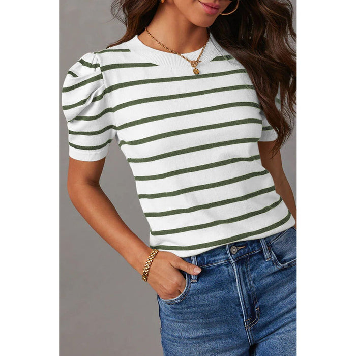 Striped Round Neck Puff Sleeve Knit Top