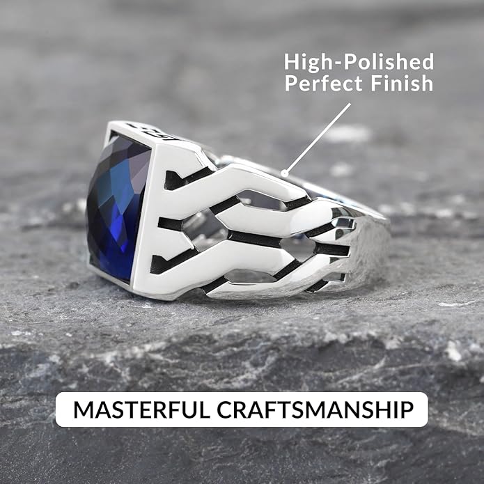 Cuban Link Pattern Sterling Silver Ring for Men Blue CZ Stone