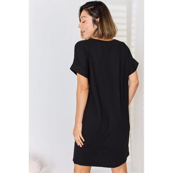 Zenana | Rolled Short Sleeve V-Neck Dress in Black