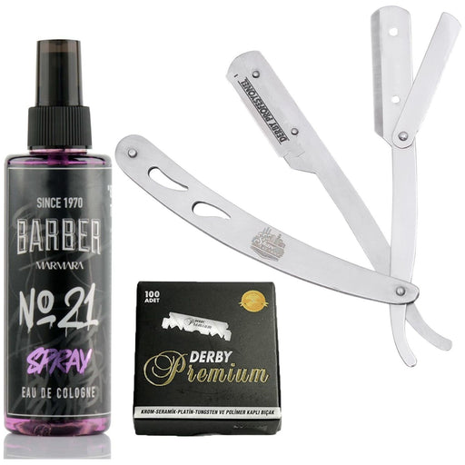 Barbersets - The Shave Factory Straight Edge Razor Kit (Steel Razor/Barber No21 50Ml Cologne / 100 Derby Premium Single Edge Razor Blades)