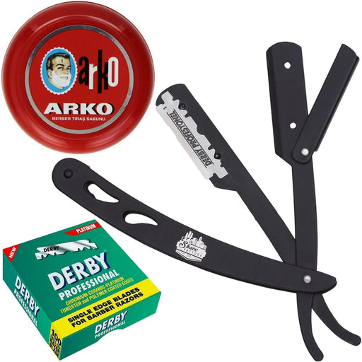 The Shave Factory Straight Edge Razor Kit (Black/Arko Shaving Soap / 100 Derby Professional Single Edge Razor Blades)