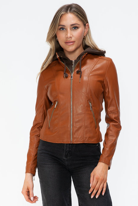 Faux Leather Zip Up Drawstring Hooded Jacket