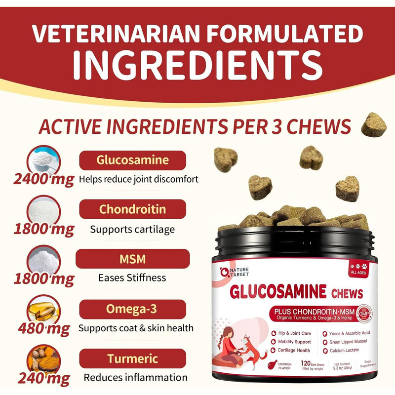 Nature Target Chicken Flavor Glucosamine Chews for Dogs & Cats, 120 Soft Chews Pet Vitamins Supplements
