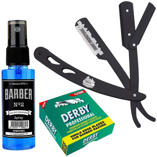 The Shave Factory Straight Edge Razor Kit (Black/Barber No2 Cologne 50Ml / 100 Derby Professional Single Edge Razor Blades)