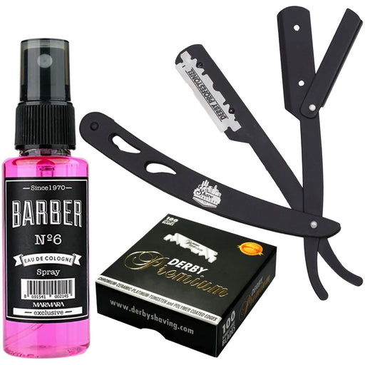 Barbersets - The Shave Factory Straight Edge Razor Kit (Black/Barber No6 Cologne 50Ml / 100 Derby Premium Single Edge Razor Blades)
