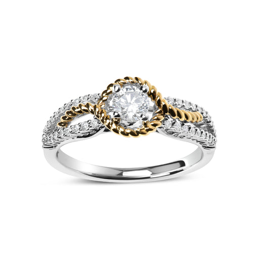 Bids.com 14K Two-Toned Gold Diamond 3/8 Cttw Diamond Split Shank and Beaded Halo Engagement Ring (G-H Color, VS2-SI1 Clarity) - Size 7 Rings