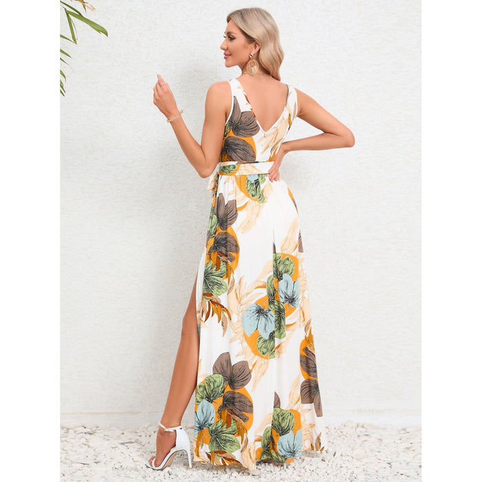 Slit Tied Printed Surplice Dress