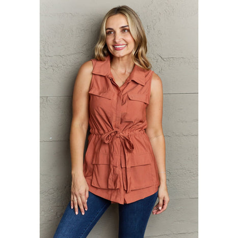 Ninexis Follow The Light Sleeveless Collared Button Down Top