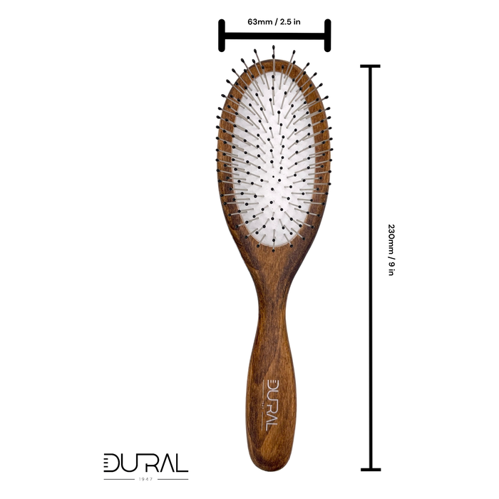 Dural Beech Wood rubber cushion hair brush with steel pins and plastic ball tips