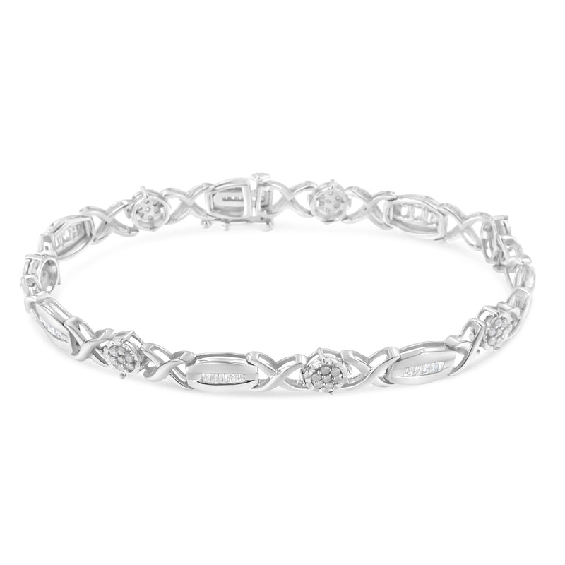 Bids.com .925 Sterling Silver 1.0 Cttw Round-Cut and Baguette-Cut Diamond X-Link Bracelet (I-J Color, I1-I2 Clarity) - 7" Bracelets