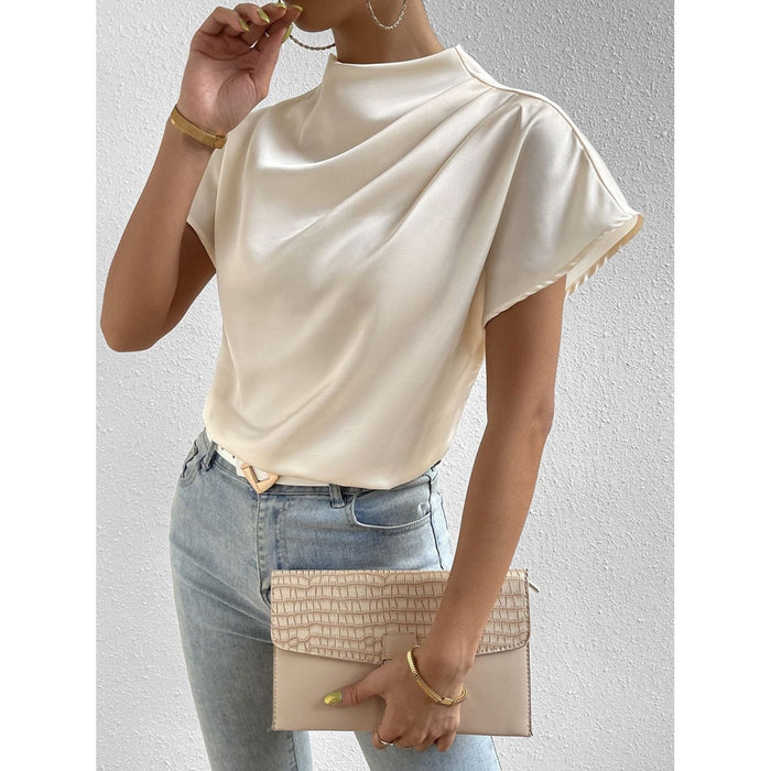 Ruched Mock Neck Short Sleeve Blouse