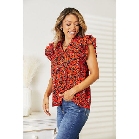 Double Take Floral Flutter Sleeve Notched Neck Blouse