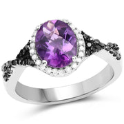 Bids.com 1.64 Carat Genuine Amethyst, Black Diamond & White Diamond .925 Sterling Silver Ring Rings
