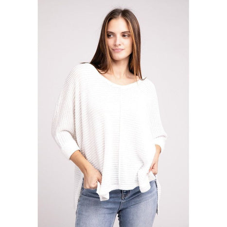 3/4 Sleeve V-Neck Hi-Low Hem Jacquard Sweater