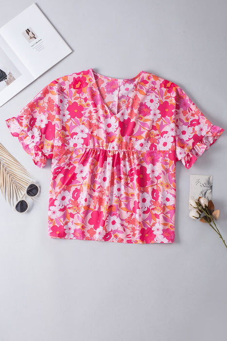 Floral Print Ruffled Half Sleeve Plus Size Babydoll Blouse