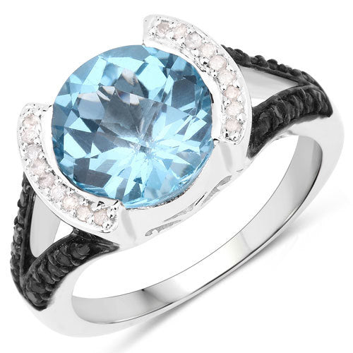 Bids.com "4.99 Carat Genuine Swiss Blue Topaz, White Diamond and Black Diamond .925 Sterling Silver Ring Rings