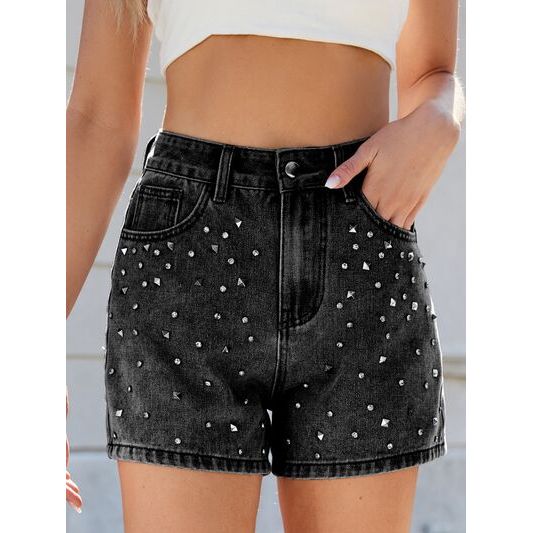 Mill's Beauty Supply Rhinestone Washed High Waist Denim Shorts