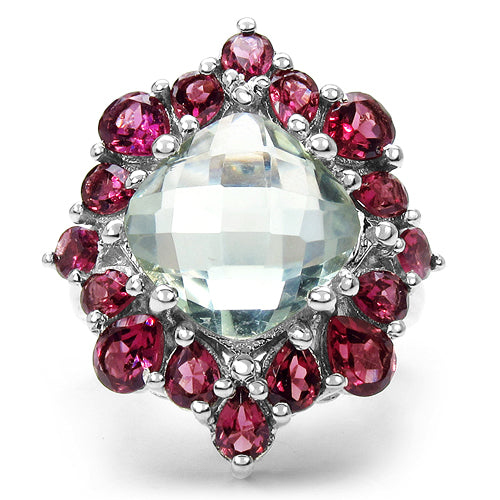 Bids.com 8.61 Carat Genuine Green Amethyst & Rhodolite .925 Sterling Silver Ring Rings