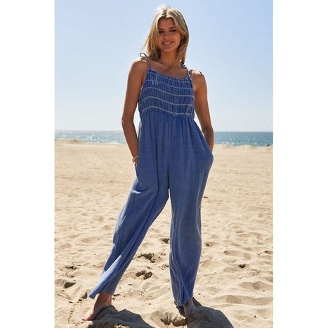 Washed Multi Smocked Detail Tie Straps Jumpsuit