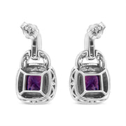 Bids.com .925 Sterling Silver 8MM Natural Cushion Shaped Amethyst and Diamond Accent Halo with Push Back Dangle Earrings (I-J Color, I2-I3 Clarity) Earrings