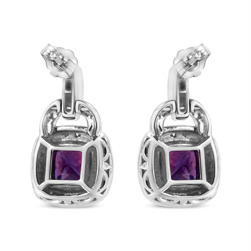 Bids.com .925 Sterling Silver 8MM Natural Cushion Shaped Amethyst and Diamond Accent Halo with Push Back Dangle Earrings (I-J Color, I2-I3 Clarity) Earrings