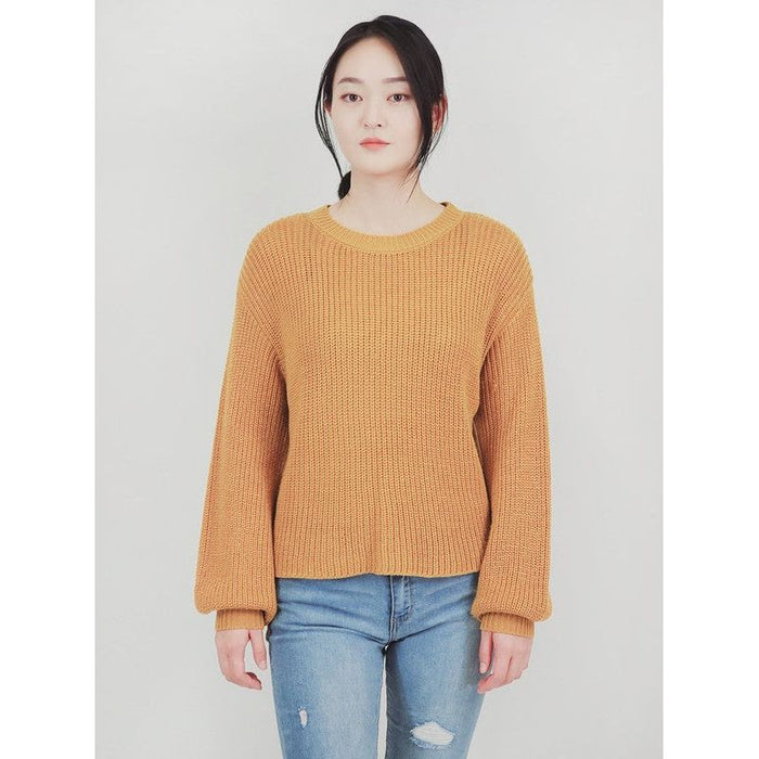 Puff Bell Sleeve Waffle Knit Pullover Sweater Top