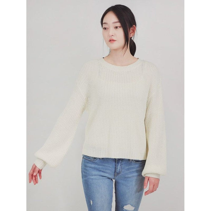 Puff Bell Sleeve Waffle Knit Pullover Sweater Top