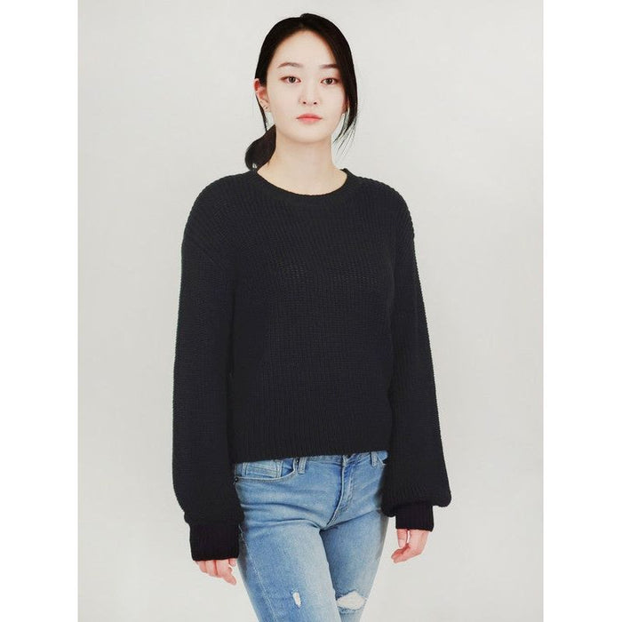 Puff Bell Sleeve Waffle Knit Pullover Sweater Top