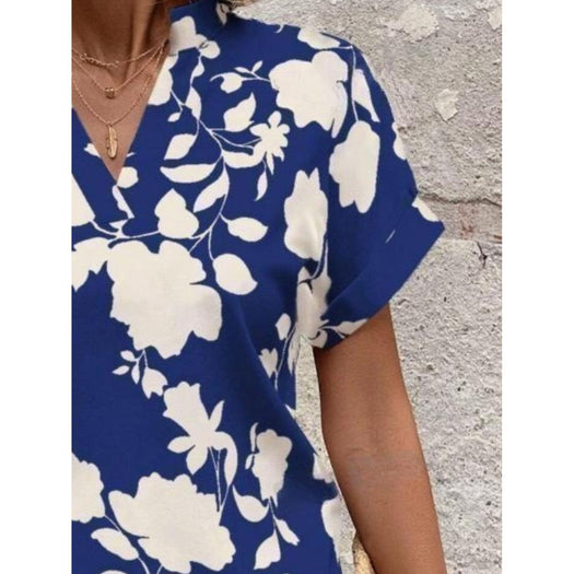 Flower Notched Short Sleeve Blouse