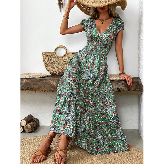 Smocked Printed Cap Sleeve Midi Dress