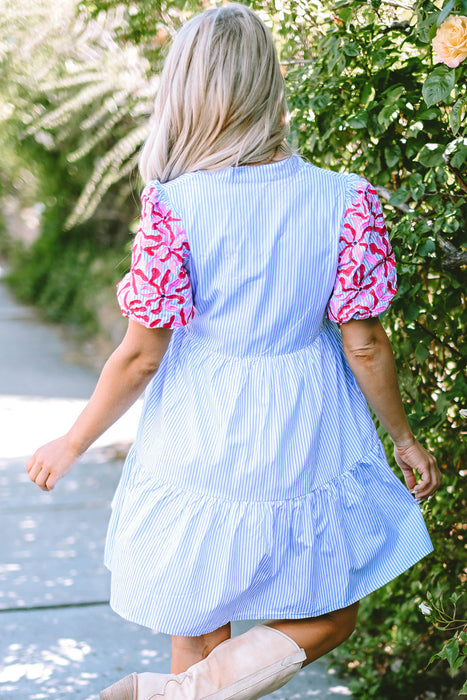 Stripe Contrast Floral Puff Sleeve Tiered Ruffle Dress