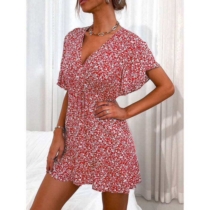 Cutout Ditsy Floral Surplice Flounce Sleeve Dress