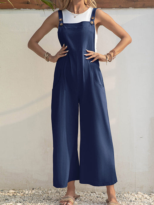 Loose Wide Leg Solid Color Square-Neck Overalls by migunica