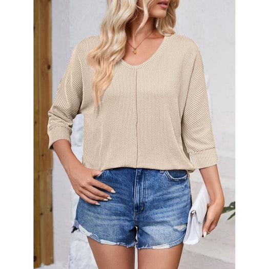 Textured Round Neck Three-Quarter Sleeve Blouse