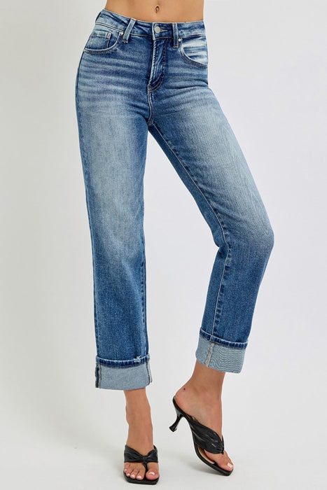 Full Size High Rise Crop Straight Roll Up Jeans