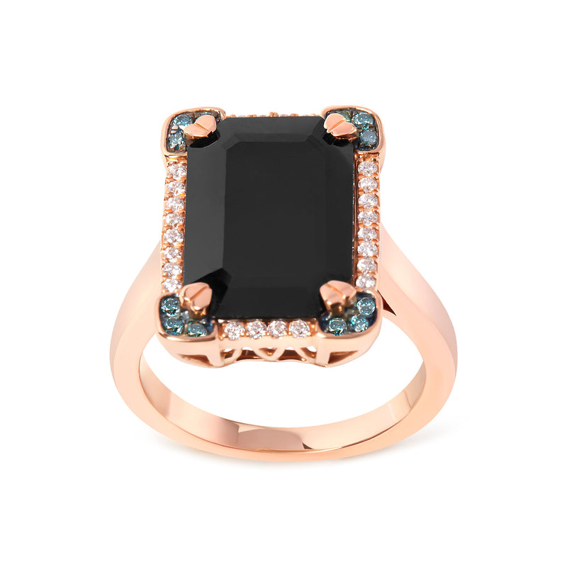 Bids.com 14K Rose Gold 15x10 MM Emerald-Cut Black Onyx and 1/5 Cttw Blue and White Diamond Halo Cocktail Ring (G-H Color, SI1-SI2 Clarity)- Size 7 Rings