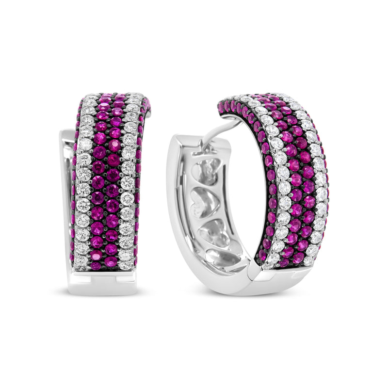 Bids.com 18K White Gold 1 7/8 Cttw Diamond and 1mm Round Red Ruby Open Swish Hoop Earrings (F-G Color, VS1-VS2 Clarity) Earrings