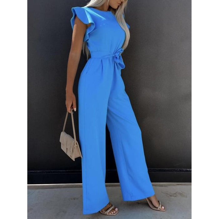 Ruffled Round Neck Cap Sleeve Jumpsuit