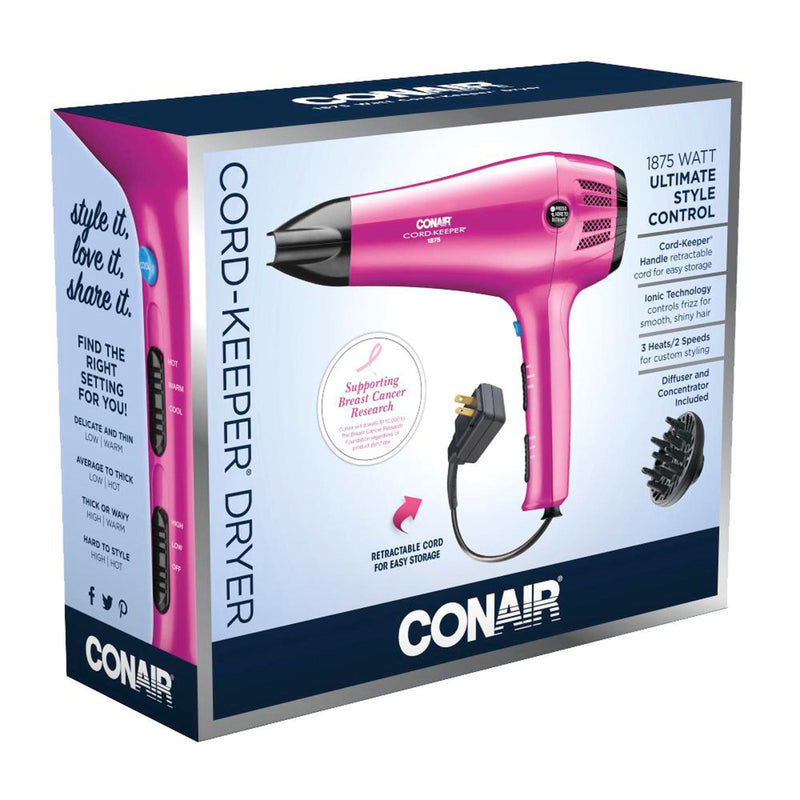 Conair Conair 209R Ionic Ceramic Cord Keeper Hair Dryer, Pink, 1875 Watts Hair Dryers
